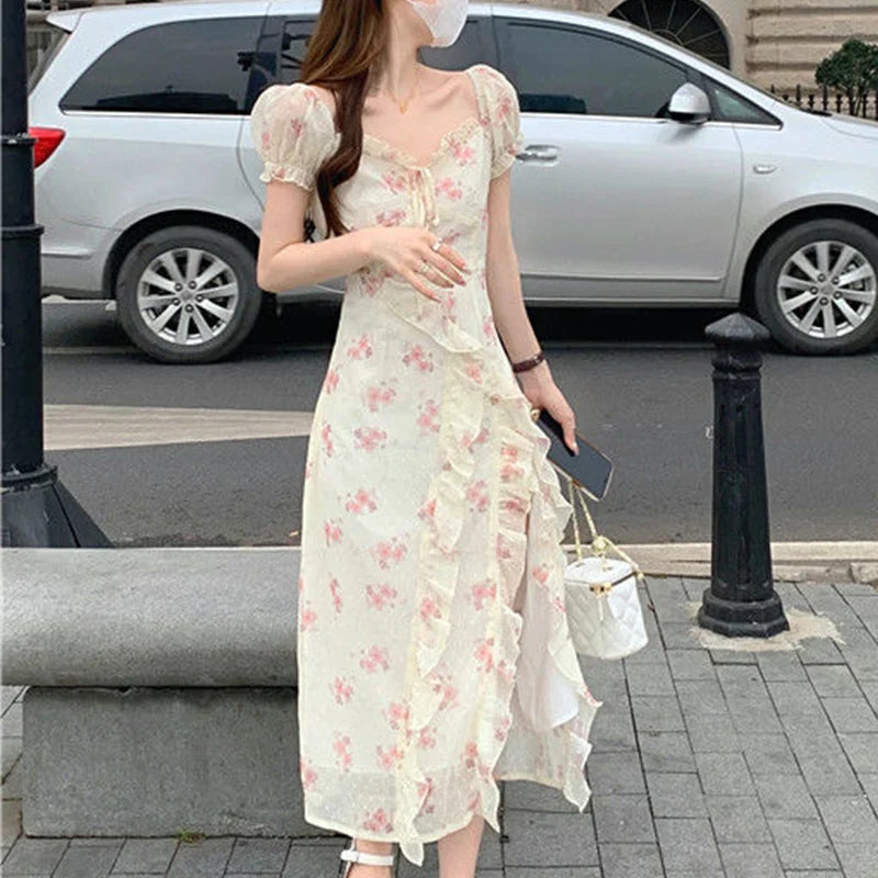 binfenxie Summer New Floral Printing Ruffles Irregular Slit Dress Lady Short Sleeve Sexy Fashion Slim Bow Robe One Word Collar Vestidos