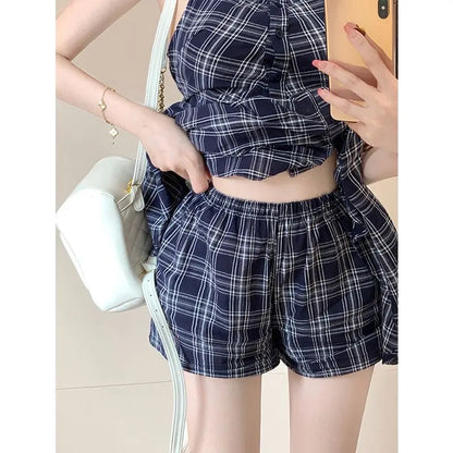 binfenxie Women Summer Plaid Sleeveless Mini Shirt Dress