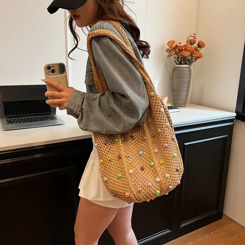 binfenxie Woven Beaded Casual Women's Shoulder Bag New Fashionable and Versatile Large Capacity Tote Bag Shopping Handbag