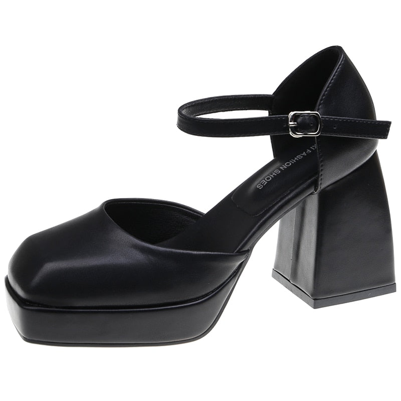 Ankle Strap Platform Pumps Women Pu Leather Square Toe Mary Jane Shoes Woman Goth Thick High Heels Shoes Ladies