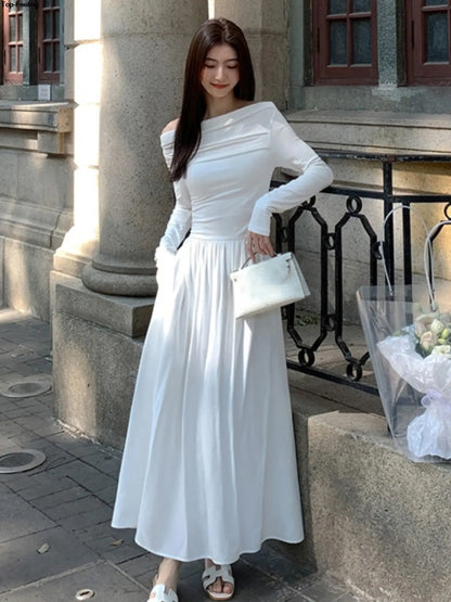 Autumn Fashion White Knitted Dress Women Elegant Sexy Off Shoulder Slim A-Line Robe Korean Spring Casual Long Sleeve Clothing