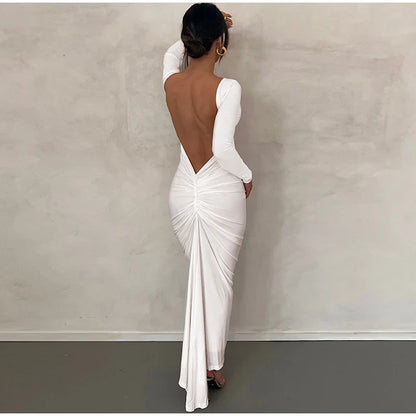 Backless Pleated Midi Dress Women Fashion O-Neck Long Sleeve Dresses Spring Chic Female Sexy Party Evening Outfits