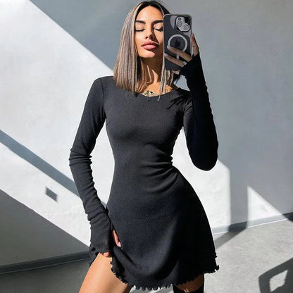 Ribbed Long Sleeve Sexy Mini Dress For Women Autumn Winter New O Neck Bandage Lace-up Fashion Elegant Dress Vestidos