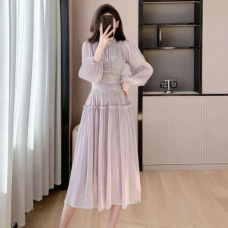 binfenxie French Designer Fashion Women Organza Stand Collar Party Dress Luxury Spring Diamonds Tassel Ruffles Puff Sleeve Slim Midi Dress