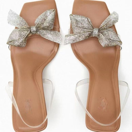 Summer New Transparent PVC Fashion High with Sandals Fine with Bow Outside Wear Slippers Square Head women shoes