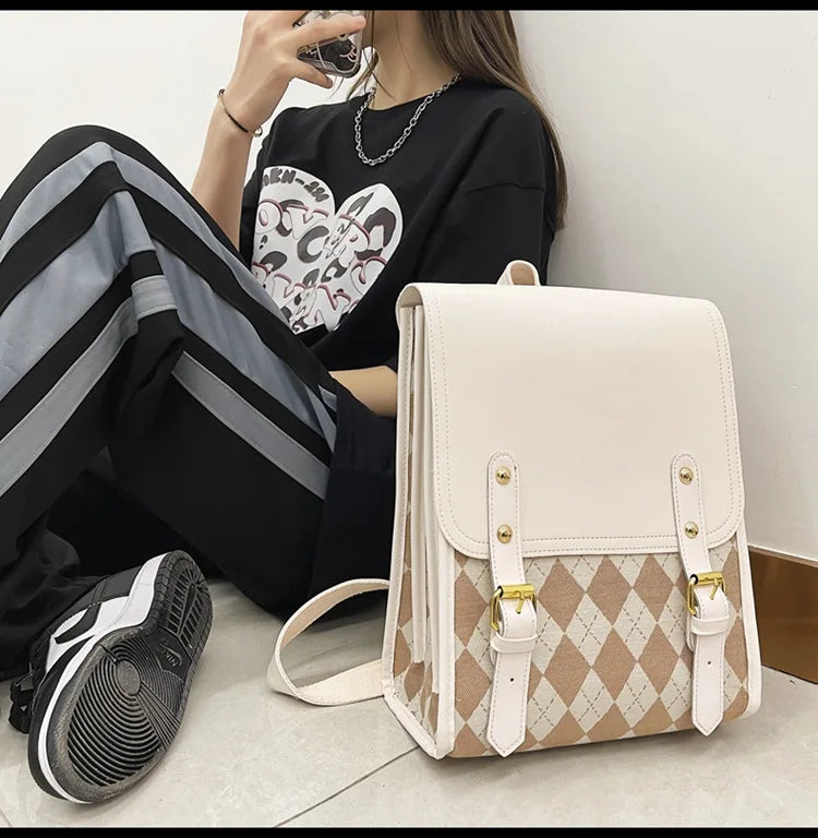 binfenxie  Preppy Style Plaid Backpack Women Harajuku Vintage Rhombic Lattice Jk Brown Backpacks Ladies Retro School Bag Aesthetic