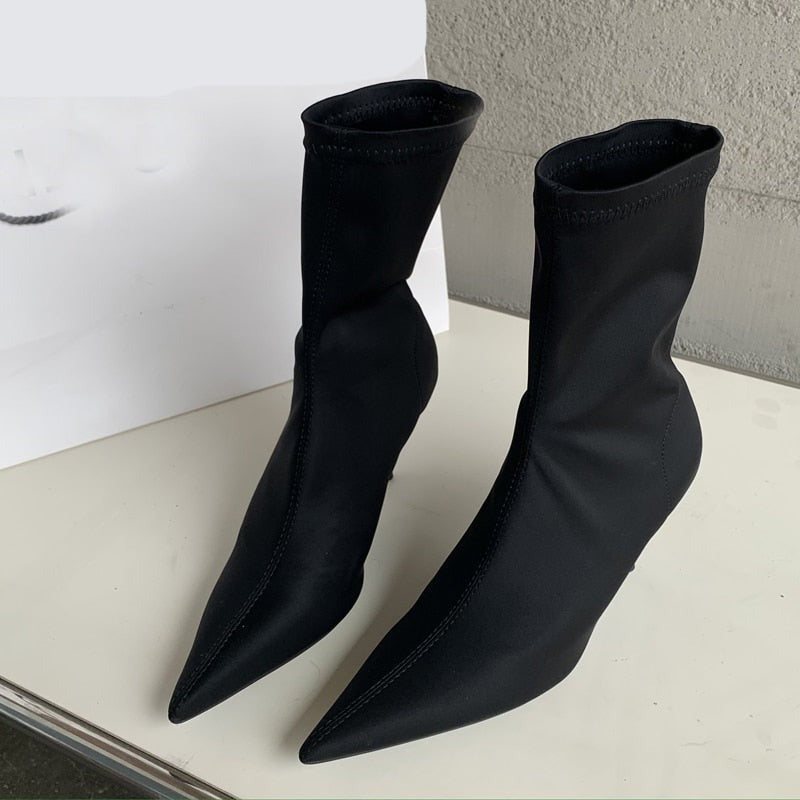 Spring Autumn Stretch Fabric Women Ankle Boots Sexy Pointed Toe High Heels Fashion Female Socks Pumps Shoes