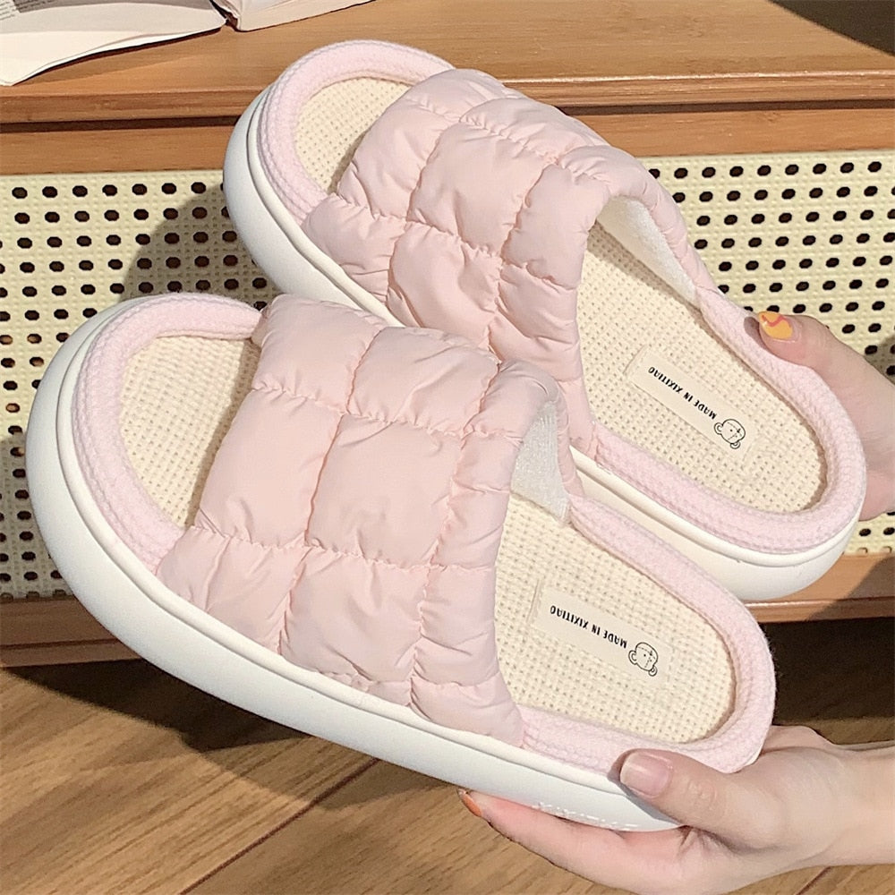 Women Slippers Summer Four Seasons Checked 4cm Thick Soft Sole Linen Slippers Indoor Home Bedroom Couple Floor Slippers