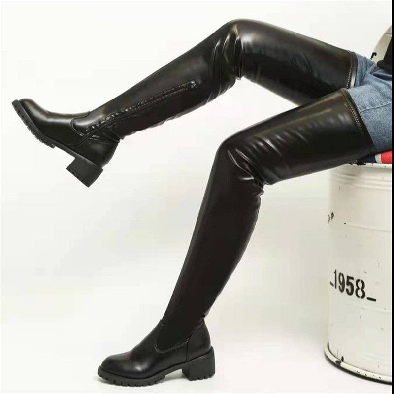 Brand New Skidproof Platform Easy Walk Stretch Lug-Sole Over The Knee Boots Women Black White Shoes Fashion Leisure Cool Size 43