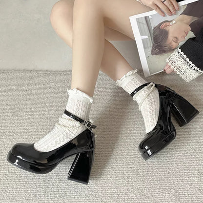 Y2K Chunky Platform High Heels Pumps Women Summer Patent Leather Black White Lolita Shoes Woman Pearl Ankle Straps Pumps