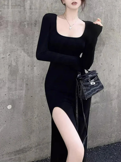 binfenxie Sexy Side Slit Dress for Women Tight-fitting Wrap Hip Over-the-knee Long Sleeved Dresses Black Street Bodycon Spring Autumn