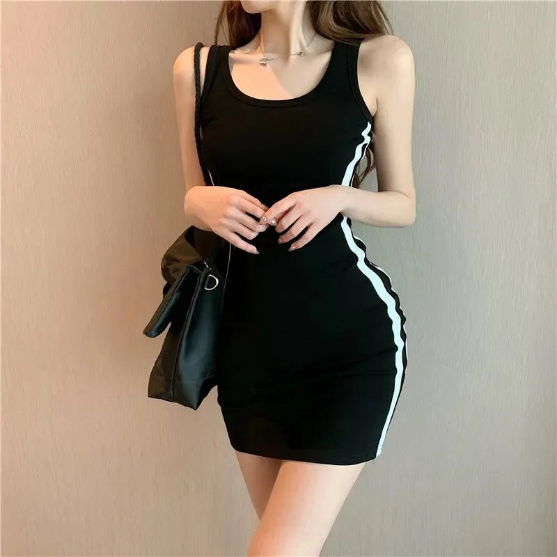 binfenxie Summer Women Casual Sheath Dress Lady Spaghetti Strap Sleeveless Sexy Stretch Slim Dress Vestidos