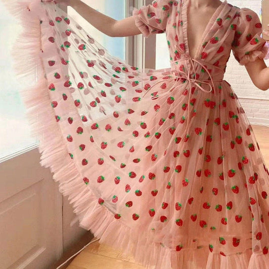 Women Summer Sequin Mesh Sweet Strawberry Fairy Dresses High Waist Pink Blue Black Long Party Dress Fashion