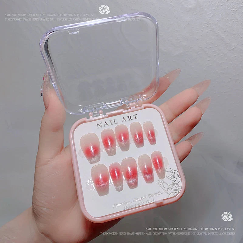 24pcs/box Crystal Cat Eye Shining Diamond Nail Patch Sparkling False Nail Press on Acrylic Nails Handmade Nail Wearing