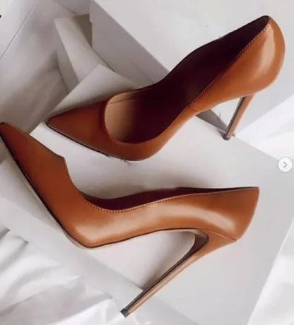 Brown Matte Leather High Hee Shoes 12/10/8cm Thin Heels Dress Shoes Women Pointed Toe Sexy Pumps