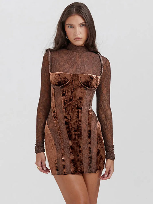 Sexy Lace Velvet Patchwork Mini Dress Women Elegant Stand Collar Long Sleeve Bodycon Dress Lady Chic See Through Party Robe