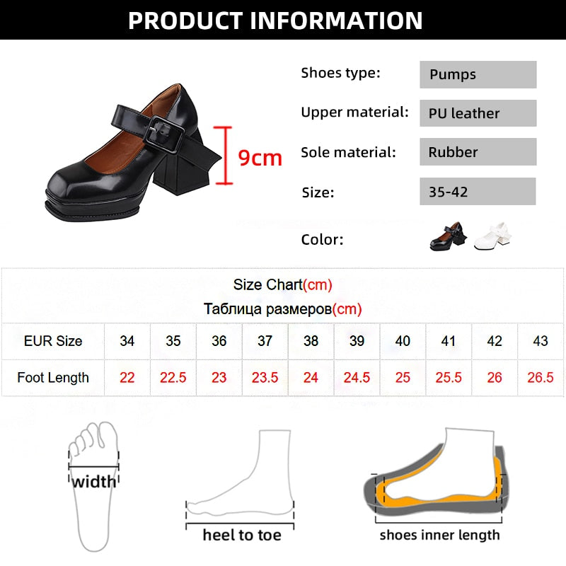 Black White Platform Mary Jane Shoes for Women Heels Retro Square Toe Buckle Women Pumps  Super High Heels Dress Shoes