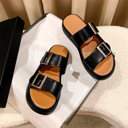 Meotina Women Genuine Leather Sandals Round Toe Flat Platform Slippers Ladies Summer Slides Fashion Buckle Beach Shoes Beige 40