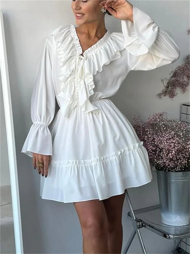 Ruffled V-Neck White Mini Dress Female Patchwork Long Sleeve Elegant Bandage Fashion Dress High Waist Lace-Up Women Dress