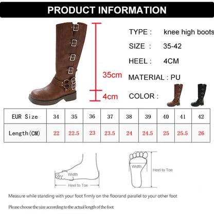 Fashion Belt Buckle Motorcycle Long Boots Women Punk Pu Leather Knee High Botas Woman Black Brown Plus Size Knight Combat Boots