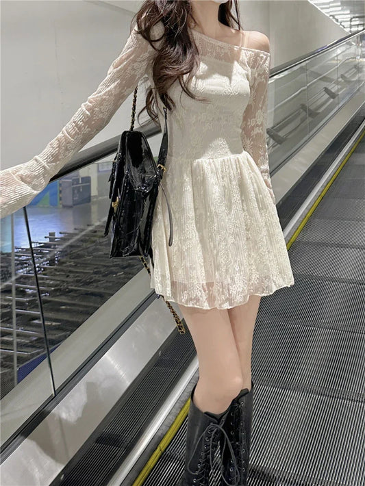 Korean milk apricot color waisted A-line skirt women gentle wind temperament sexy lace dresses