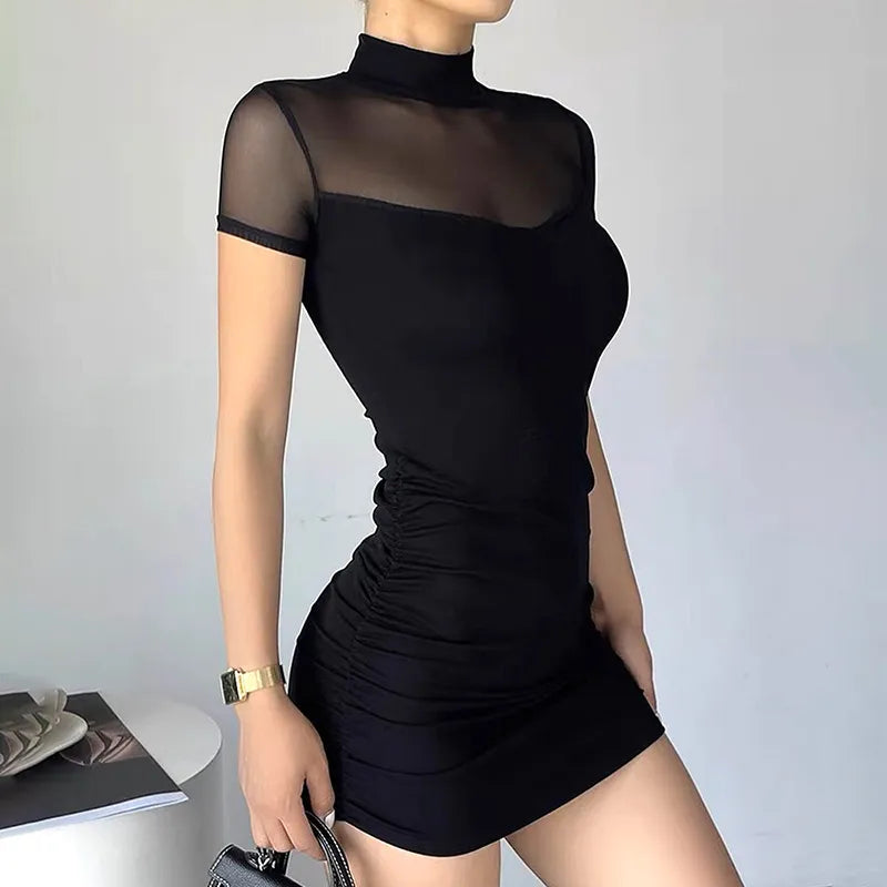 binfenxie Mock Neck Y2k Bodycon Mini Dresses Gothic Women Mesh Patchwork Sheer Party Dress