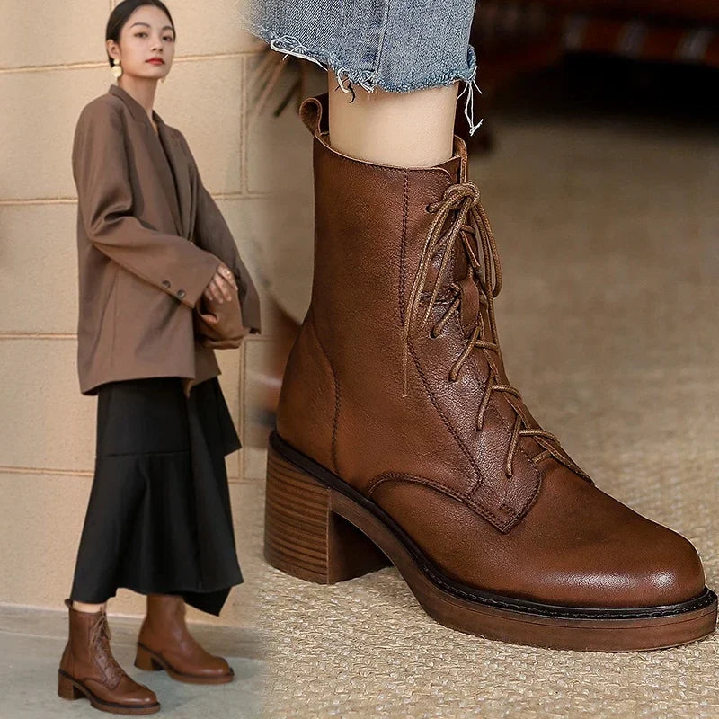 Winter Genuine Leather Women Boots Round Toe Thick Heel Lace Up Fashion Ankle Boots Retro Boots  Platform Shoes Heels Grown