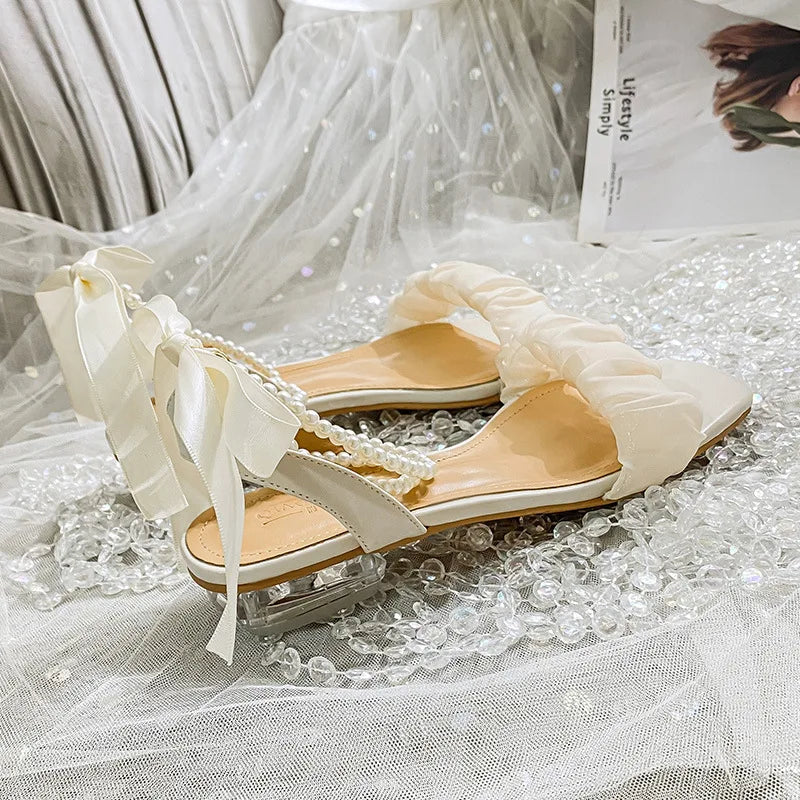 New summer women's sandals fashion pearl design Korean style party and work wear ladies casual shoes High heel 41-43