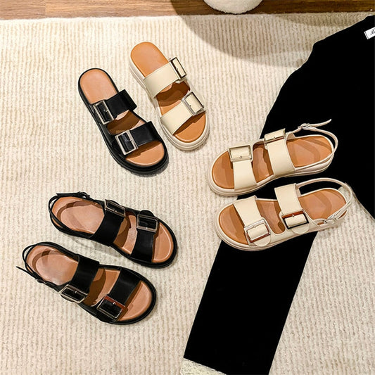 Meotina Women Genuine Leather Sandals Round Toe Flat Platform Slippers Ladies Summer Slides Fashion Buckle Beach Shoes Beige 40