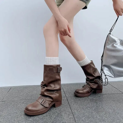 Pleated Buckle Knight Boots for Women Autumn Brown PU Leather Mid Calf Boots Woman Slip-On Thick Heel Riding Botas Mujer 2024