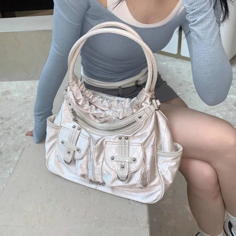 binfenxie  Y2k White Shoulder Bag for Women Pleated Soft Autumn New Trendy Tote Bag Multi-pocketed Large Capacity Handbag Sac