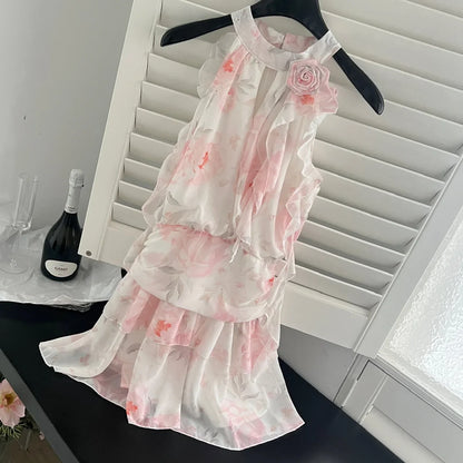 binfenxie Floral Party Dress Women 2024 Summer Vintage Sleeveless Vacation Mini Dress Female French Fairy Elegant Dress Korean Chic