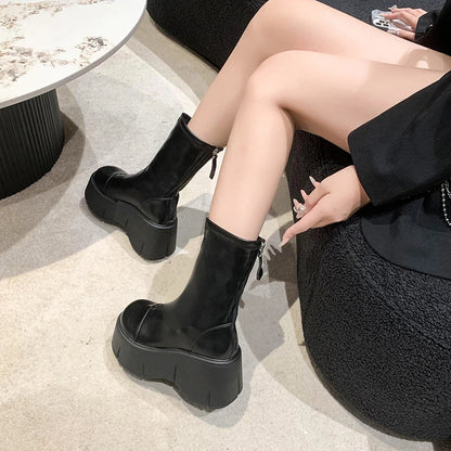 Women Boots High Heels Winter Footwear Shoes Round Toe Boots-Women Clogs Platform Zipper Stiletto Mid-Calf Mid Calf Autumn