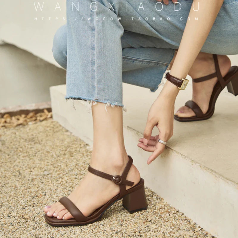 Summer Narrow Band Women Sandal Fashion Square Low Heel Ladies Elegant Dress Sandal Shoes Outdoor Casual Slides