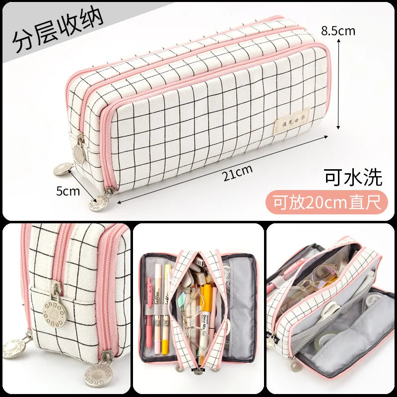 binfenxie Kawaii School Pencil Case Kids Lattice Cotton Linen Multilayer Big Capacity Pencil Box Cute Pensil Case Pen Bag Estuche Escolar