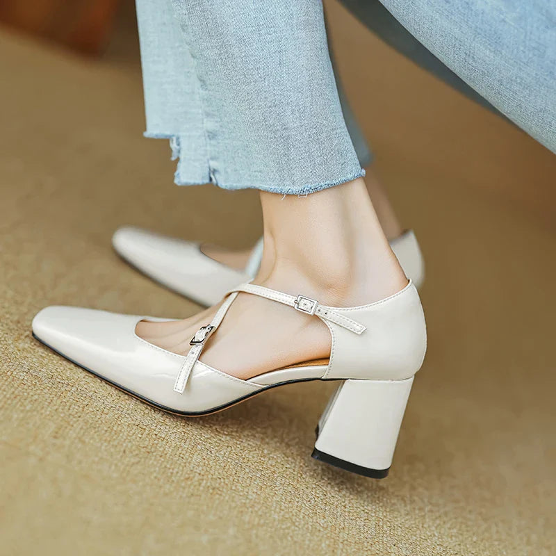 binfenxie Women Pumps 6 cm Mary Jane Shoes French Style  Patent Leather Sandals Buckle Spring Autumn Pumps Square Toe Lady Shoes