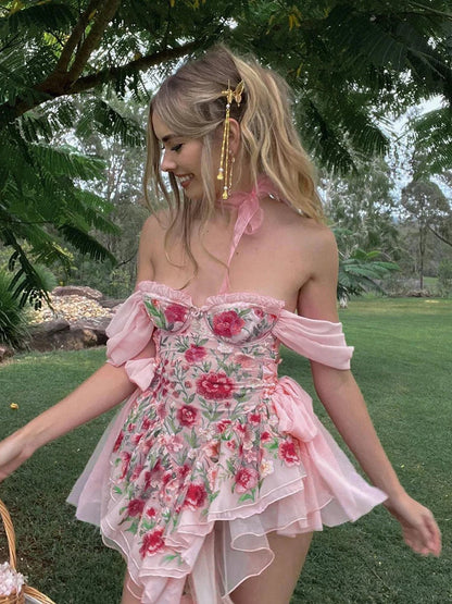 Coquette Floral Chiffon Dress Pink Side Bandage Aesthetic Ruffle Tulle Mini Dresses Boho Sweet Outfit Party Holiday Hot