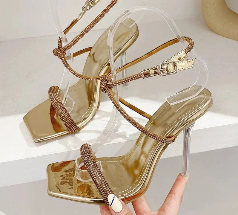 New Fashion Square Toe Women Sandals Summer Sexy Crystal High Heels Buckle Strap Stripper Party Ladies Shoes