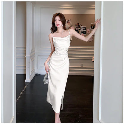 Summer New Slip Satin Midi Dresses for Women Elegant Fashions Black Bodycon Split Sleeveless Evening Party Female Clothing