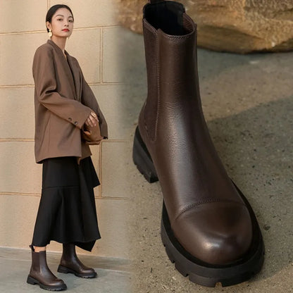 Winter Shoes Women Leather Ankle Boots Women Round Toe Thick Heel Platform Shoes Solid Chelsea Boots Casual Women Boots