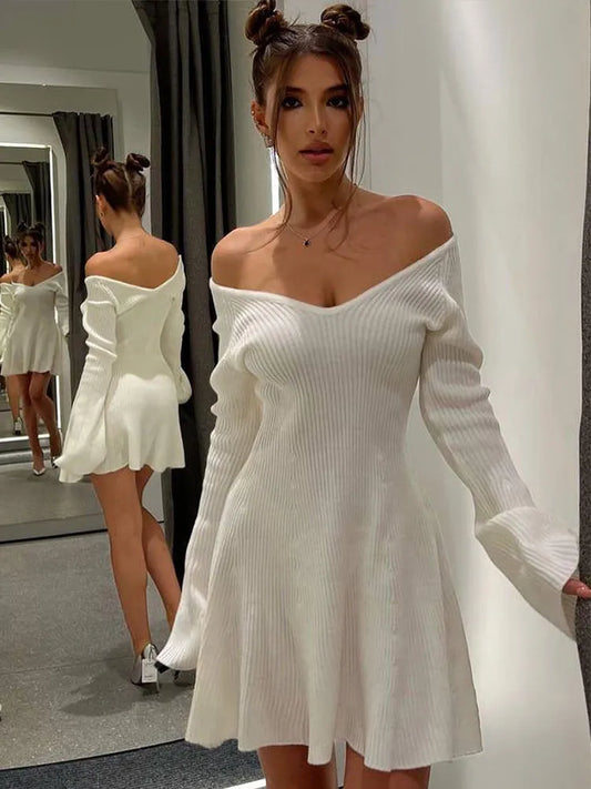 Sexy Off Shoulder Women Knitted Mini A-line Dress Fashion Solid Slim Long Sleeve Ribbed Dresses Summer Lady Chic Streetwear Robe