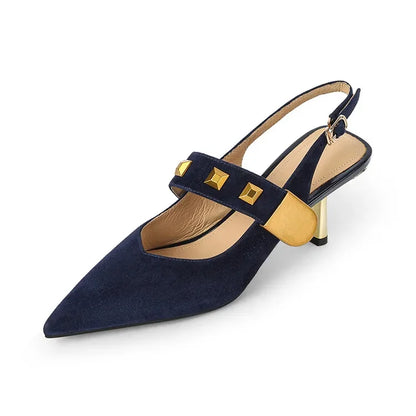 Futurecen Woman Navy Blue Suede Pumps Thin High-Heeled Buckle Slingbacks Shoes Women's Punk Studs Pumps Brown 33-40 Spring Summer