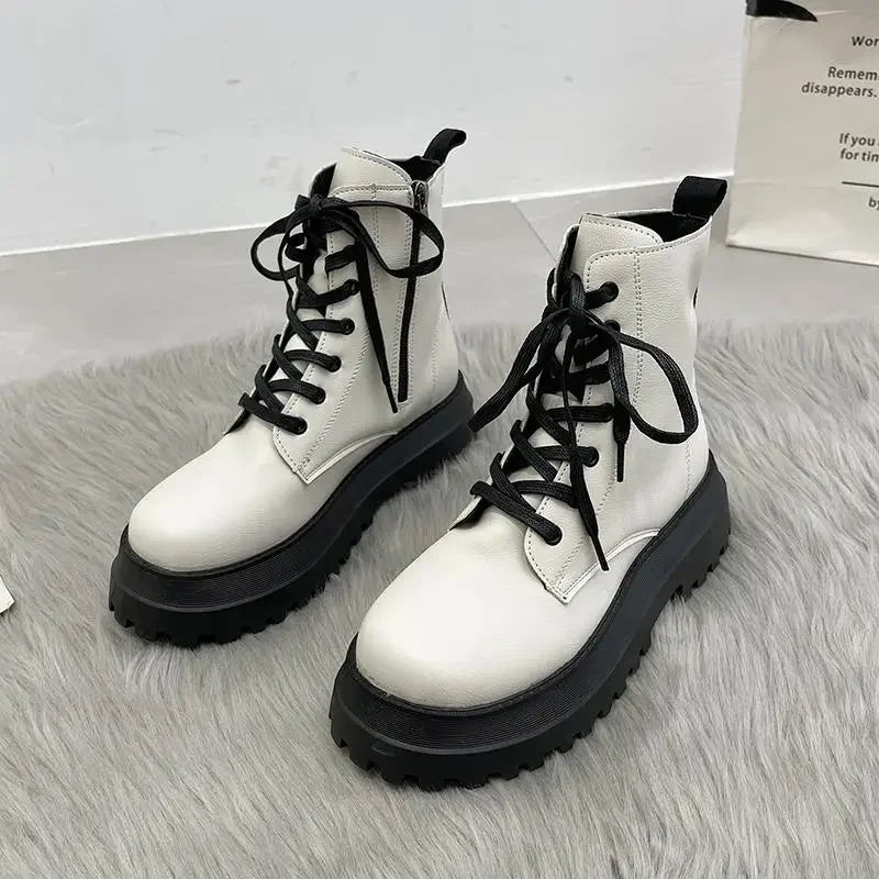 Footwear with Laces Women's Ankle Boots Combat Biker Short Shoes for Woman Lace-up Booties Platform Punk Style Chunky Boot Pu 39