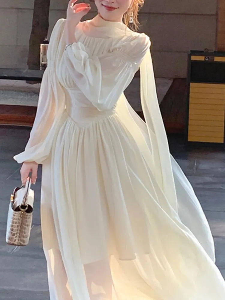 binfenxie French Elegant Slim Ruffle Dress Summer Women Graduation Evening Party Robe Female Bubble Sleeve Korean Chiffon Vestidos