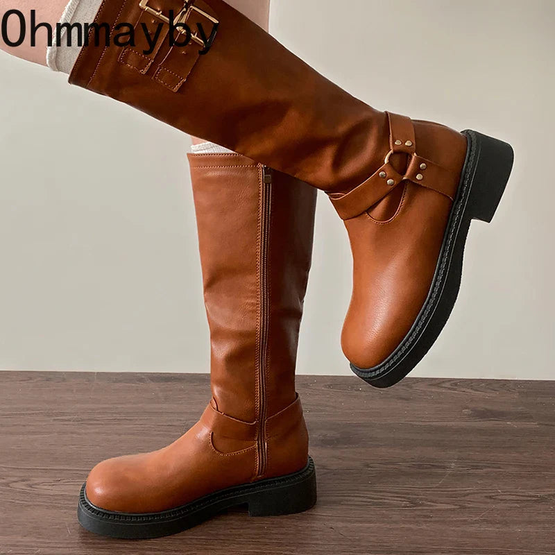 Vintage Women Knee High Boots Fashion Side Zippers Belt Buckle Shoes Autumn Winter Ladies Knight Long Booties