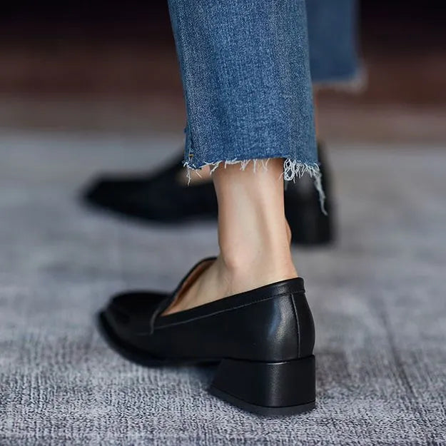 Shoes for Woman Low Heel Elegant Women's Summer Footwear Black Loafers Normal Leather Casual Square Toe with Discount Chic