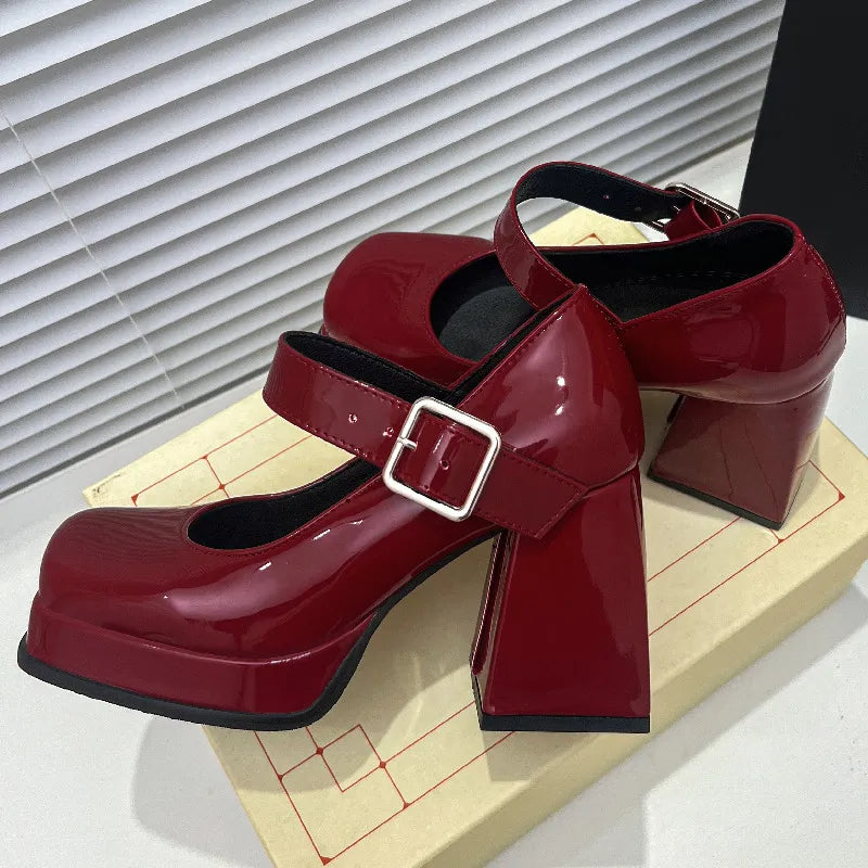 Pink Black Red Heeled Women Pumps Mary Janes Shoes Square Toe White High Heels Female Working Party Dance Shoes Spring