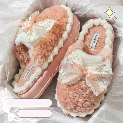 Women's Designer cute Home Platform Shoes  Winter Elegant Warm Furry Bow Slippers Causal Comfort House Bedroom Shoes Slides