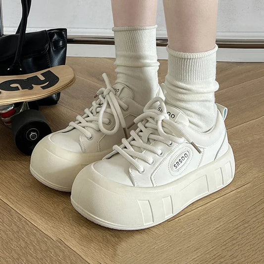 binfenxie  -  Versatile Thick Bottom Casual Sneakers New Women Advanced Little White Shoes Solid Color Lace-up Sports Board Shoes Women