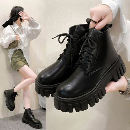 White New Women Ankle Boots  Autumn Winter Platform Zipper Women Punk Boots Thick Sole Lace Up Combat Booties Female Mujer